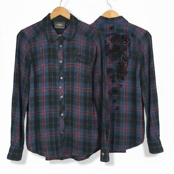 Harley-Davidson Womens S Biker Grunge Goth Y2K Rocker Velvet Plaid Button Down - Picture 1 of 7